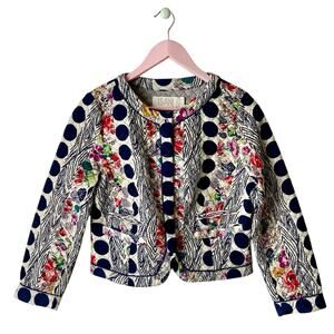 Anthropologie Cream Jacket with Navy Polka Dots & Multicolor Floral Print